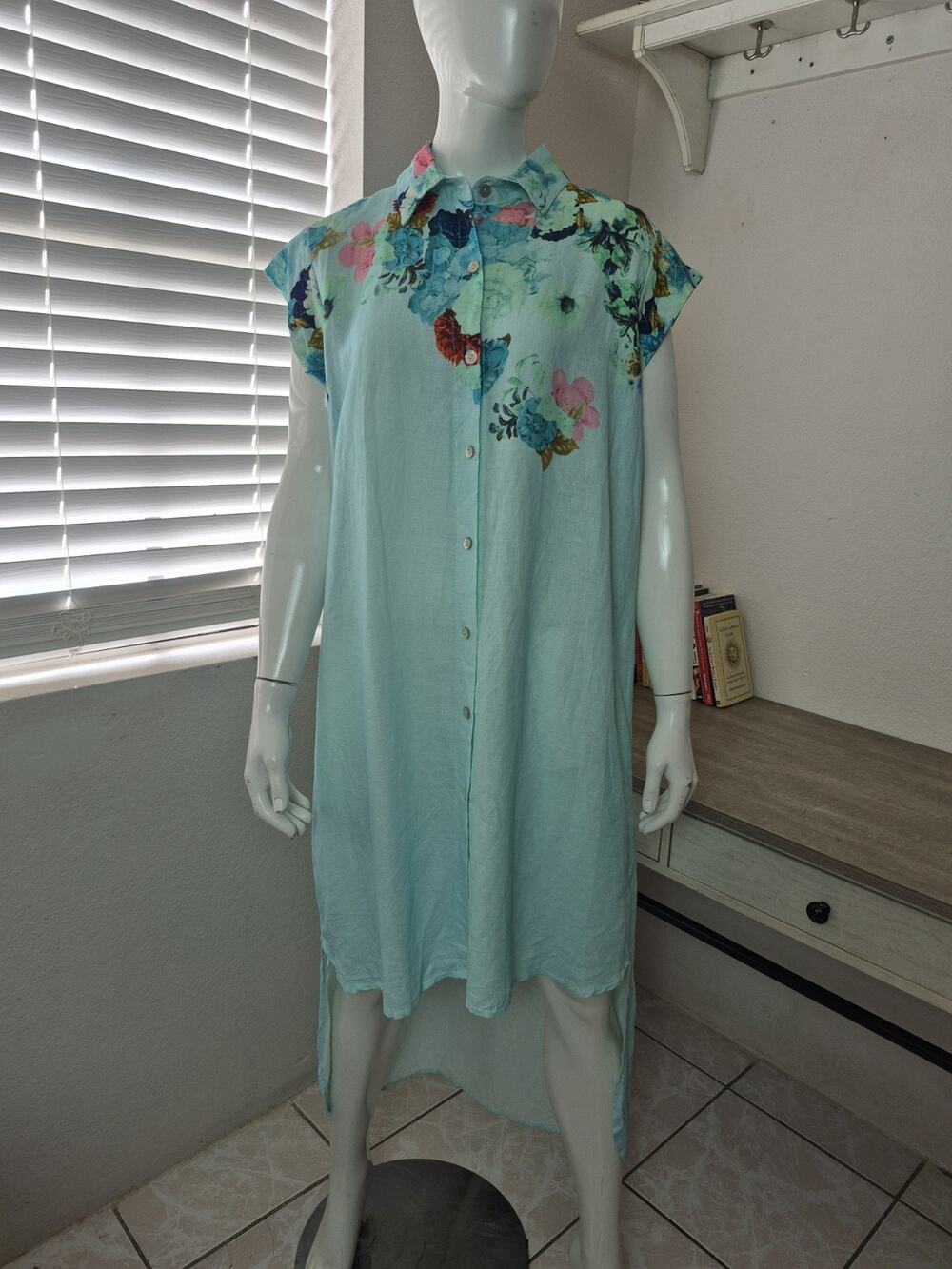 NWT Cristina Vergani 100% Linen Floral Popover Collared Dress Large Lightweight